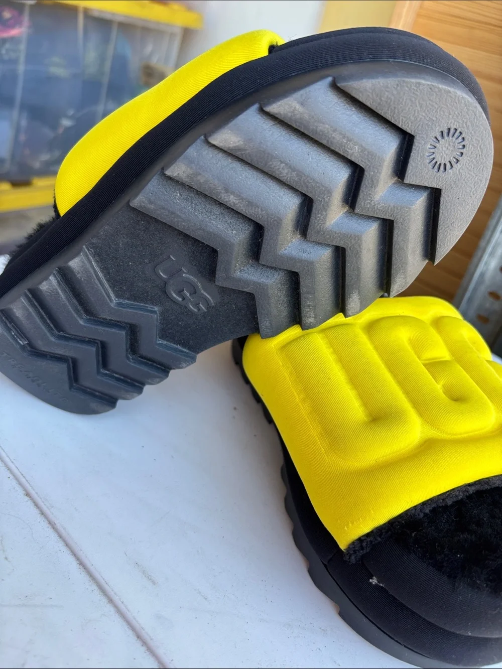 UGG Kids Black and Yellow Fluff Slide Sandals